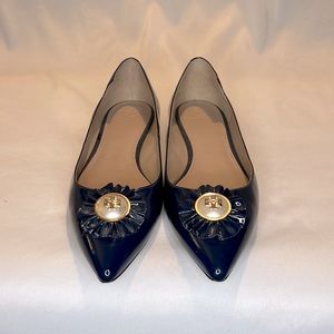 Tori Burch Patent Leather Navy Flat with Gold and Pearl Logo. Size 11